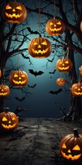 Spooky halloween night with hanging jack o lanterns and bats