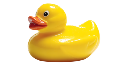 Isolated yellow rubber duck with orange beak on transparent background