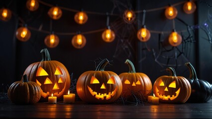 Fototapeta premium Spooky jack o lanterns glow with string lights for halloween night