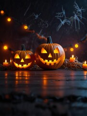 Fototapeta premium Spooky halloween night with glowing jack o lanterns and bats