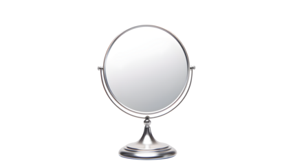 Close up of a silver round mirror on a transparent background