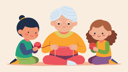 A grandmother teaches her grandchildren how to knit passing on the tradition of mindful making and creating a special bond between generations..