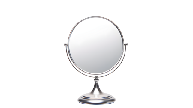 Close up of a silver round mirror on a transparent background