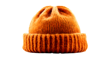 Close up of an orange knit winter hat on a transparent background