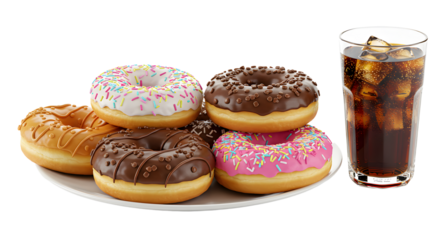 Assorted donuts with colorful icing and sprinkles next to a glass of soda, ideal for bakery, snack, or breakfast design use - Isolated White Background