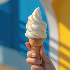 Hand holding a waffle cone filled with creamy vanilla soft serve ice cream