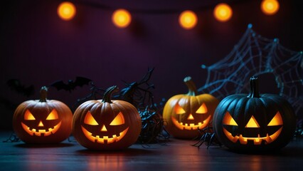 Fototapeta premium Spooky jack o lanterns glow on halloween night with cobwebs
