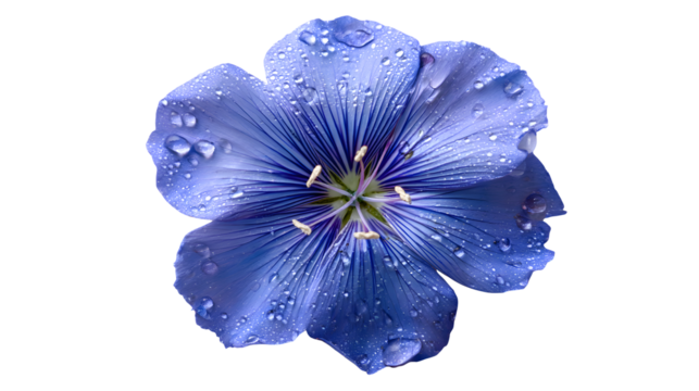 Close up of a blue flower with water droplets on transparent background - Powered by Adobe