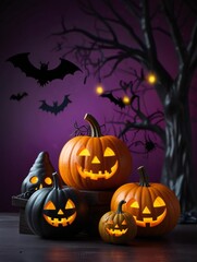 Spooky halloween night with carved pumpkins and bats