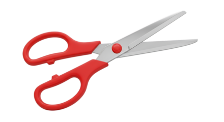 Sharp silver metal scissors with bright red handles isolated on transparent background