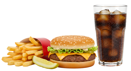 Close-up of cheeseburger with fries and soda on table, ideal for fast food and casual dining design - Isolated White Background