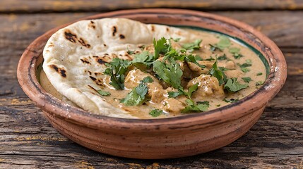 Chicken curry with naan bread dish