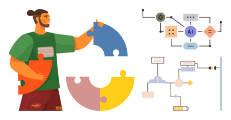Man arranging large, colorful puzzle pieces, paired with diagrams of data processing and AI algorithms. Ideal for teamwork, problem-solving, collaboration, AI, machine learning, creativity