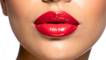 Obraz premium Close-up of luscious red lips with glossy lipstick on fair skin against a white background