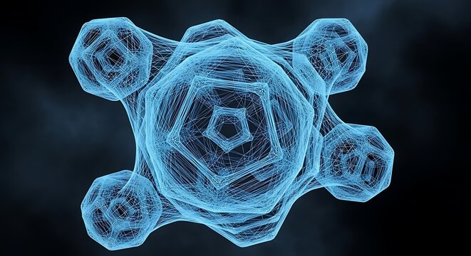 A digitally rendered, intricate, blue, geometric structure against a dark background.