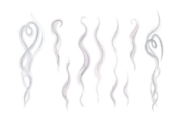 Rising swirls of steam, heart-shaped smoke isolated on white. Hand drawn watercolor illustration. Abstract steam streams for design, for cafe menu and interior design, tobacco and incense smoke