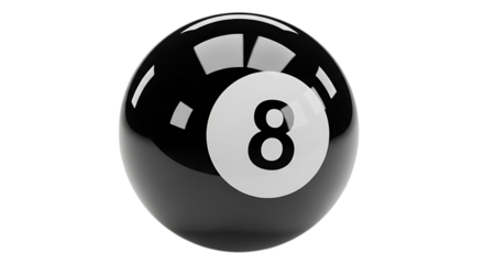 Close up of a black eight ball isolated on transparent background