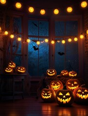 Spooky halloween night with glowing jack o lanterns and string lights