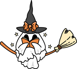 Retro Groovy Halloween Ghost Witch Reading a Book 