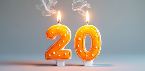 Two bright orange number 2 and 0 birthday candles with white dots twenty celebration