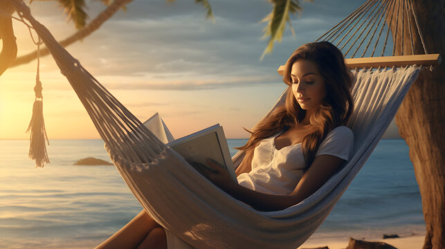 young woman relaxing on hammock on beach