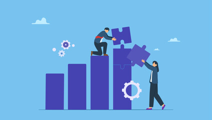 Business people colleagues build target sales with jigsaw puzzle. Teamwork working together to success, cooperation or team building collaborate to solve problem, partnership, help and support.