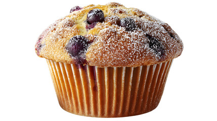 A blueberry muffin with powdered sugar on a transparent background
