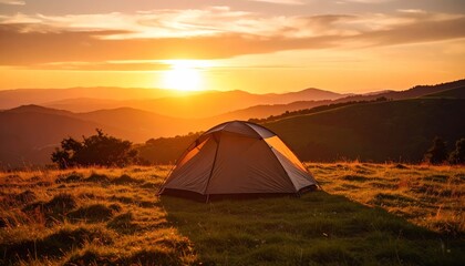 Lone tent at sunset nature backdrop.