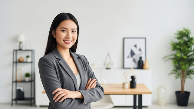Confident young Asian female startup founder standing in minimalist modern office