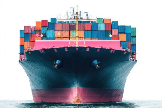 Front view of a large cargo ship laden with colorful containers