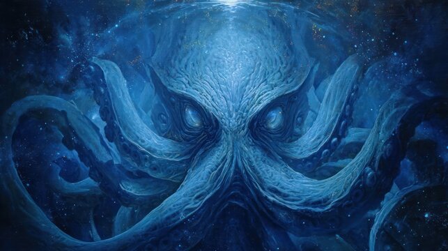 A monstrous creature, octopus-like, looms from a cosmic abyss, glowing eyes piercing