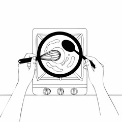 Hands Preparing Food with Whisk and Spoon on Gas Stove for Cooking Blogs, Culinary Websites, Kitchen Tips, Recipe Articles, and Food Learning Content  