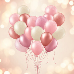 Pink Balloon Bunch Photo. Large Bunch of Pink and White Balloons Against a Bokeh Light Background. Celebration, Party, Birthday, Anniversary, Decoration, Romance.
