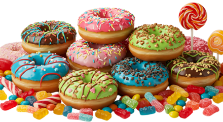 Colorful donuts with sprinkles and candies, perfect for bakery or dessert design - Isolated White Background