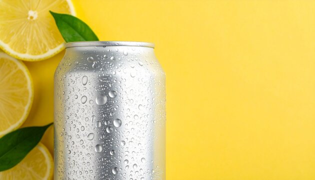 A metallic beverage can sits beside fresh lemon slices and leaves on a bright yellow background.