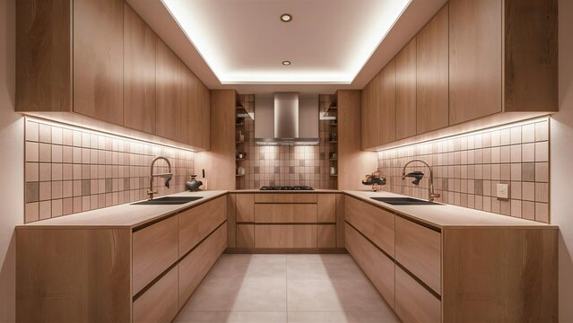 Modern u shaped kitchen with warm wood cabinetry and integrated lighting