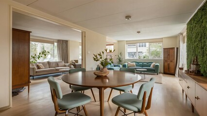 Cozy living and dining area with mid century modern touches