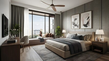 Modern bedroom with large window and city view