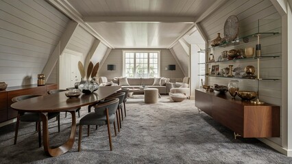 Elegant attic living and dining room with cozy ambiance