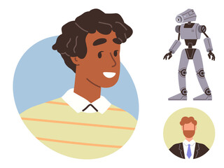 Smiling man, humanoid robot, and suited figure showcasing diversity in humanity and robotics. Ideal for technology, AI, diversity, innovation, teamwork, identity and education themes simple flat