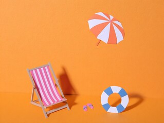 Cut paper beach setup features a striped chair, umbrella, floater, and flip flops