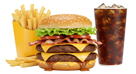 Delicious fast food burger with fries and soda, ideal for restaurant or snack bar promotions - Isolated White Background