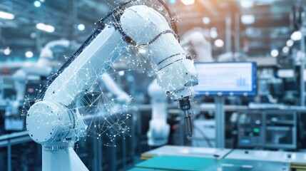 Advanced robot arm system for digital industry and factory robotic technology . Automation manufacturing robot controlled by industry engineering using IOT software connected to internet network .