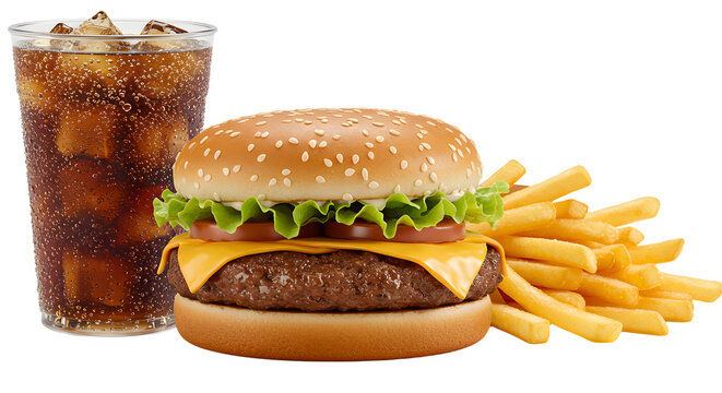 Fast Food Combo with Burger, Fries, and Soft Drink, Perfect for Casual Dining or Takeout - Isolated White Background