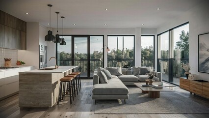 Modern living room and kitchen with large windows and city views