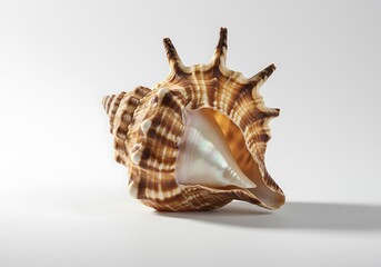Obraz premium Elegant Sea Shell with Spiked Exterior and Pearlescent Interior isolated on White Background Studio Shot