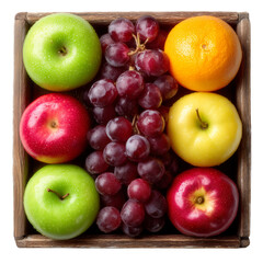 Fresh fruit assortment in wooden box apples orange grapes healthy food isolated on transprint background