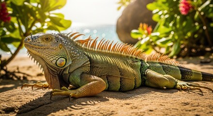 Obraz premium Green Iguana basking in the sun on a tropical beach, wildlife photography
