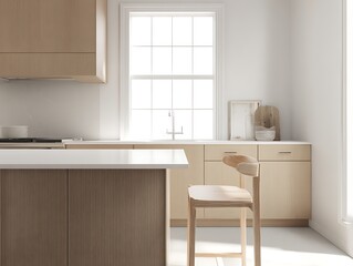 Fototapeta premium Natural light enhances the minimalist kitchen showing wood cabinets and breakfast bar with light chair