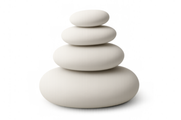 Stack of four smooth white stones balancing on transparent background, representing peace, mindfulness, and meditation